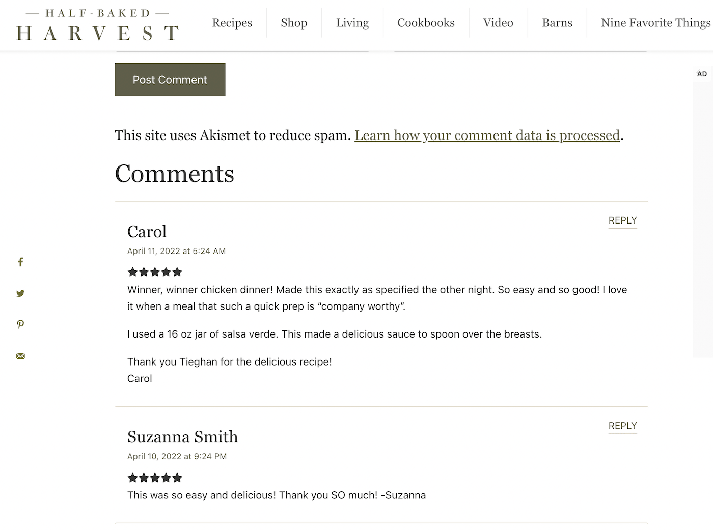 A cooking blog's comments section.